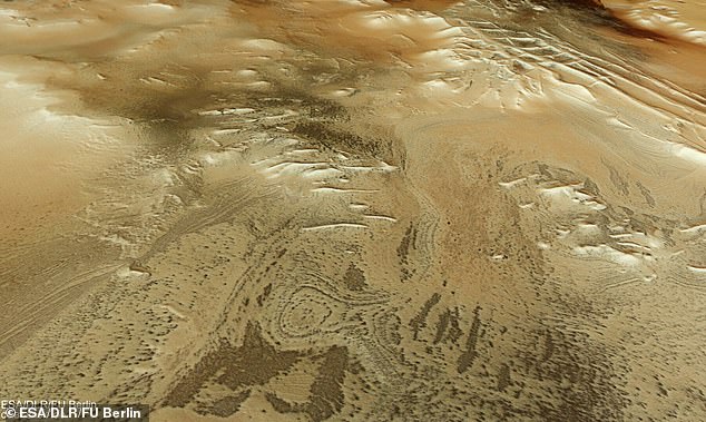 This new Mars Express image shows small, dark features on the surface known as 