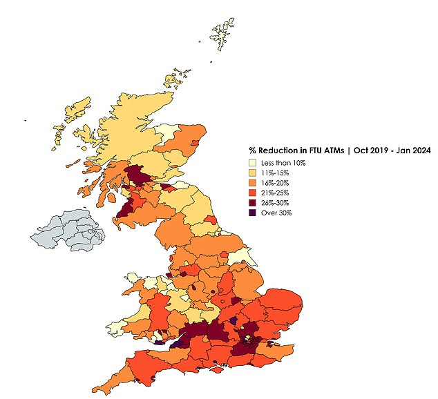 This map shows the decline in the number of ATMs between October 2019 and January 2024