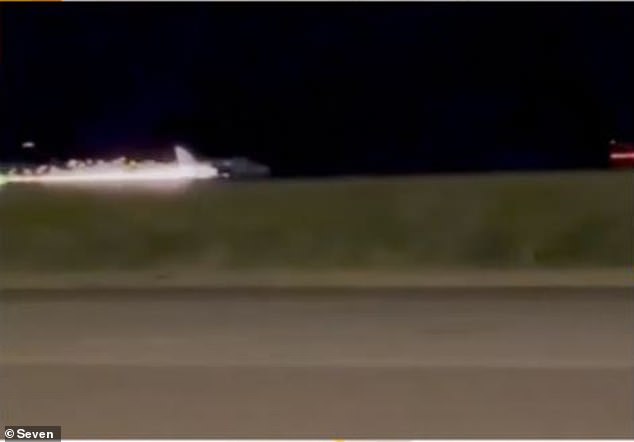 Sparks were seen from the Beechcraft 58 Baron as it landed at Gold Coast Airport around 9pm on Tuesday evening (pictured)