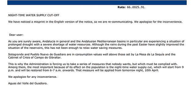 A letter sent to residents of Sotogrande explaining that the water supply has been cut off