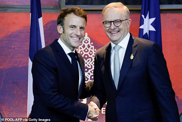 Emmanuel Macron has declared 'Bollard Man' a French hero after facing crazed killer Joel Cauchi during his Westfield Bondi Junction massacre (the French president is pictured with Australian Prime Minister Anthony Albanese)