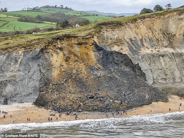 Elizabeth and Ronald Downes were with their two grandchildren, son, daughter and their son-in-law and daughter-in-law on Charmouth Beach in Dorset when the cliff suddenly collapsed.  In the photo: the remains of yesterday's landslide