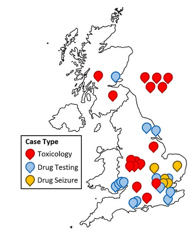 This map shows the locations where xylazine has been detected in Britain in a combination of human toxicology reports, as well as samples taken from medicines tested or seized by authorities.  Locations are approximate based on the reported county or city.  Five toxicology cases where the location is completely redacted are placed to the right of the map, and two cases where the location is only listed as Scotland are placed randomly within the country