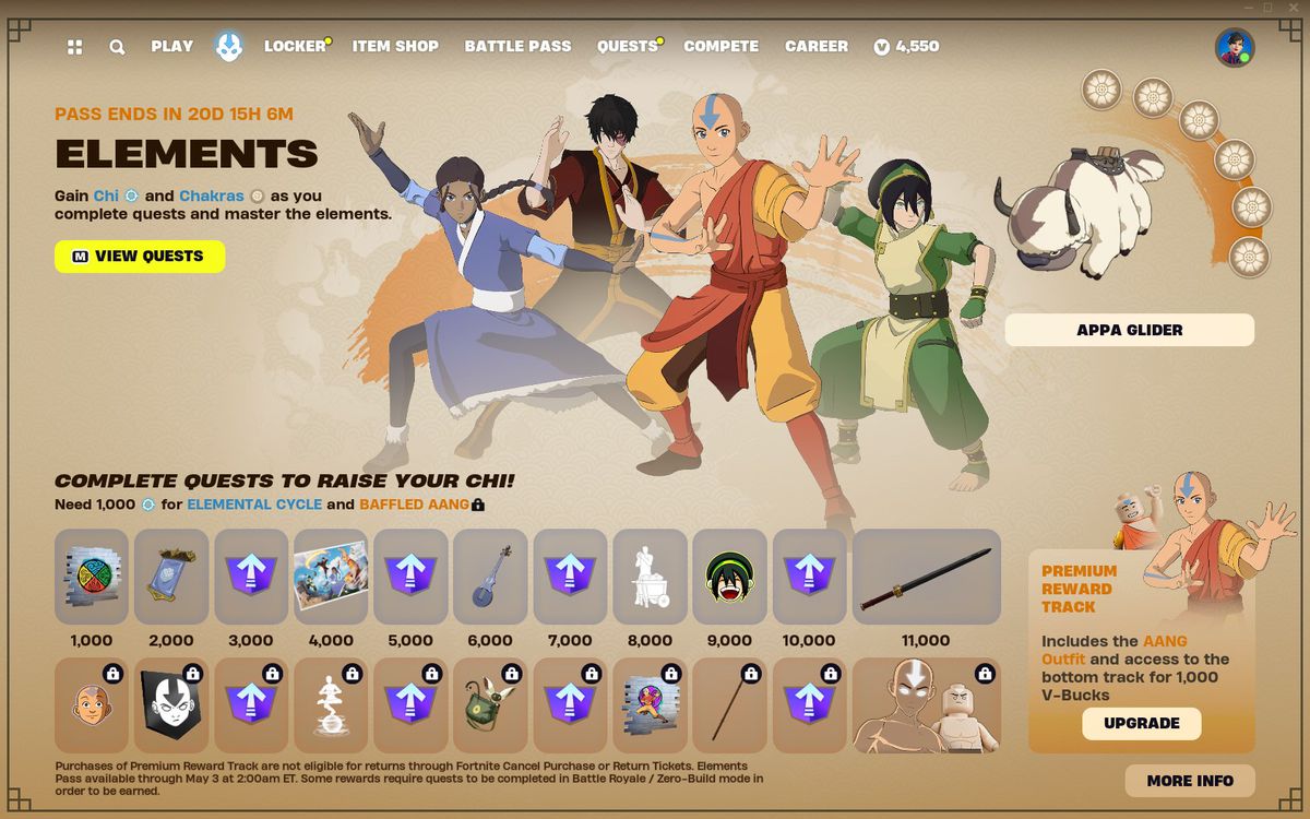 The Avatar: Elements event passes in Fortnite