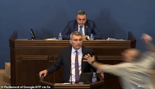 This is the moment a Georgian MP (right) punched a rival politician in the face over the government's reintroduction of a controversial 'foreign influence' law