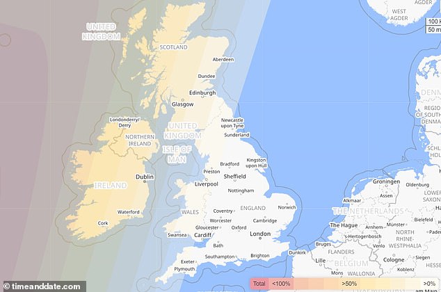 As this map shows, some British cities will be able to catch a glimpse of the eclipse this Monday.  The more purple shadow areas show where more of the sun will be darkened