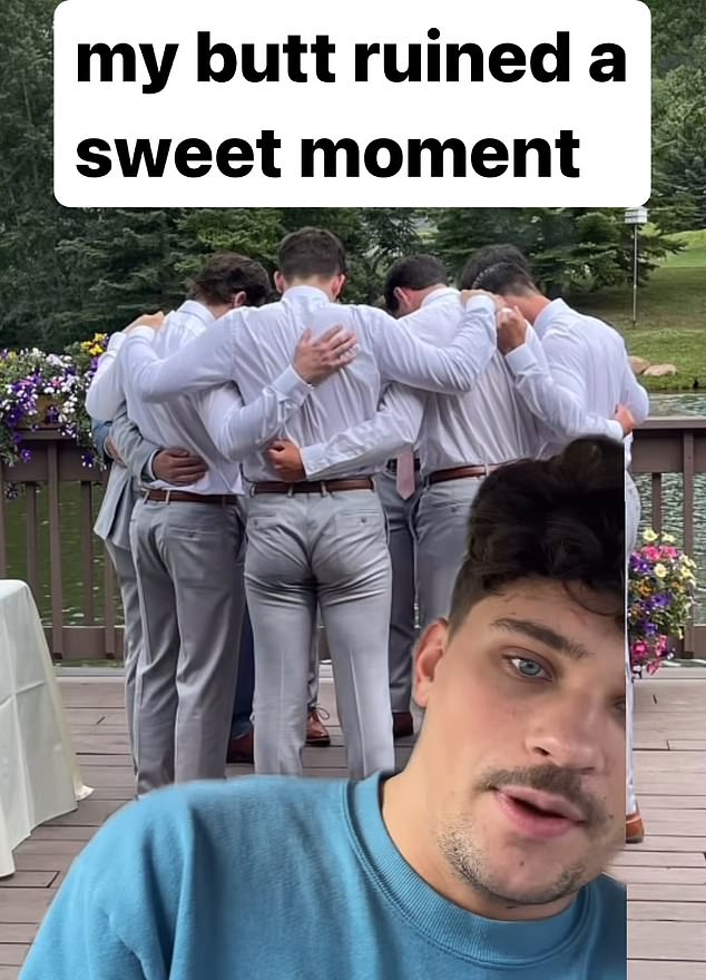 A groomsman has gone viral after sharing a hilarious image of his giant wedgie 'ruining' a wedding photo