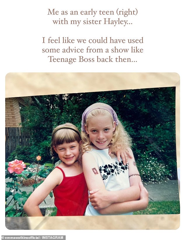 Emma Watkins has shared a sweet throwback photo from her childhood.  Pictured: Emma with her younger sister Hayley.