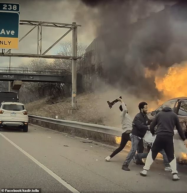 Dashcam video captured the moment Good Samaritans pulled a driver from his burning car on a Minnesota highway