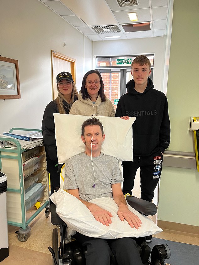 Graham Lee suffered life-changing injuries after being released from the stables in Newcastle last year (pictured with his daughter Amy, wife Becky and son Robbie)