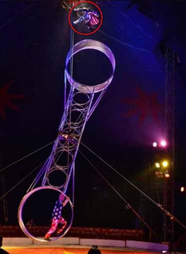 A Blackpool Tower spectator said the performer at the top of the Wheel of Death fell to the ground during a performance yesterday