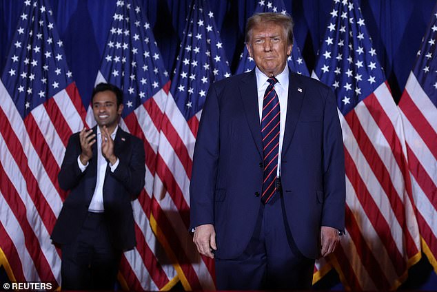 Former President Donald Trump pictured with Vivek Ramaswamy at his first all-night watch party in Nashua, New Hampshire.  Ramawamy is often pitched as a potential VP pick