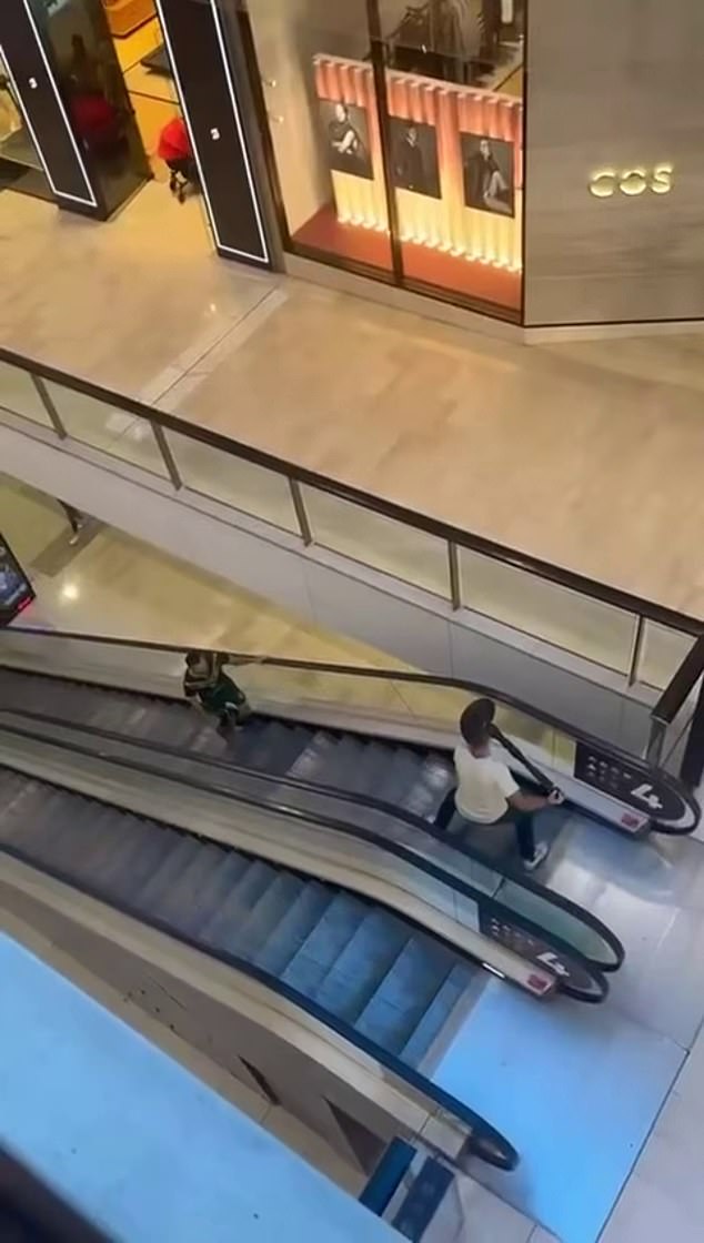 Damien Guerot picked up a retractable railing and confronted 40-year-old killer Joel Cauchi as he walked menacingly up an escalator (pictured)