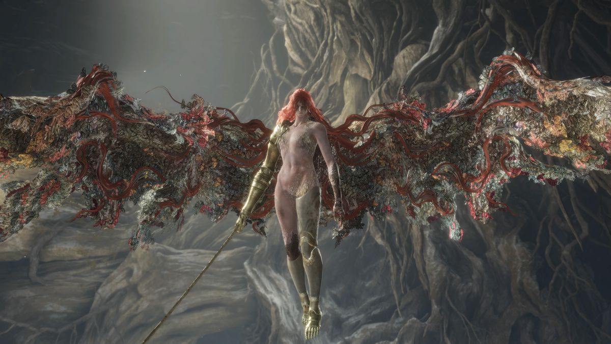 Malenia, Miquella's Severed Defender, soars in the air with large, breathtaking wings made of gnarled red and black rot.  She wears arm and leg armor and is otherwise unclothed, with smooth doll-like skin.