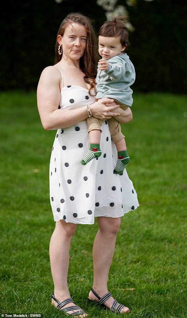 Amee Gleadell from Lincoln says other mothers shame her for being 'naturally beautiful'.  Pictured with her son Arthane, 15 months