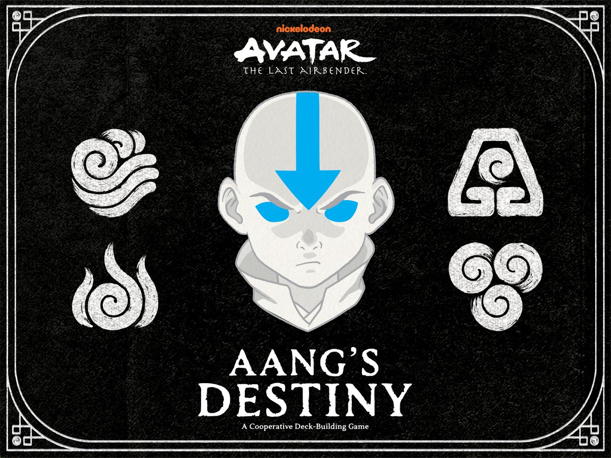 Aang's determined face and the symbols of the four nations from Avatar: The Last Airbender are featured in black, white and blue on the box art for Avatar: The Last Airbender – Aang's Destiny.