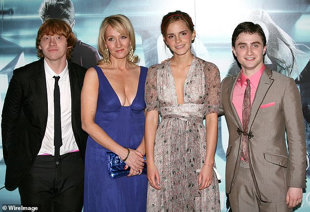 Rowling's views have caused her to publicly clash with Harry Potter stars.  Pictured is the author with Rupert Grint, Emma Watson and Daniel Radcliffe in 2009