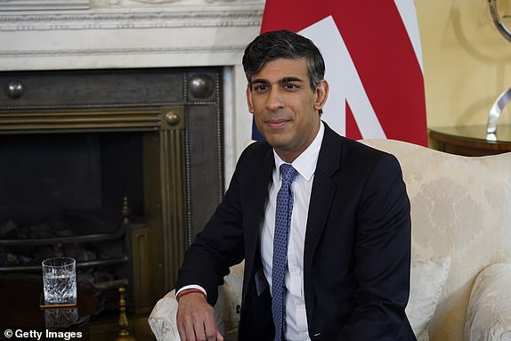 LONDON, ENGLAND - APRIL 9: British Prime Minister Rishi Sunak poses for the media ahead of his meeting with the President of Rwanda Paul Kagame at 10 Downing Street on April 9, 2024 in London, England.  In his speech to dignitaries and world leaders in the Rwandan capital Kigali on Sunday, commemorating 30 years since the 1994 genocide, the Rwandan president confronted the international community for its failure to intervene.  (Photo by Alberto Pezzali - WPA Pool/Getty Images)