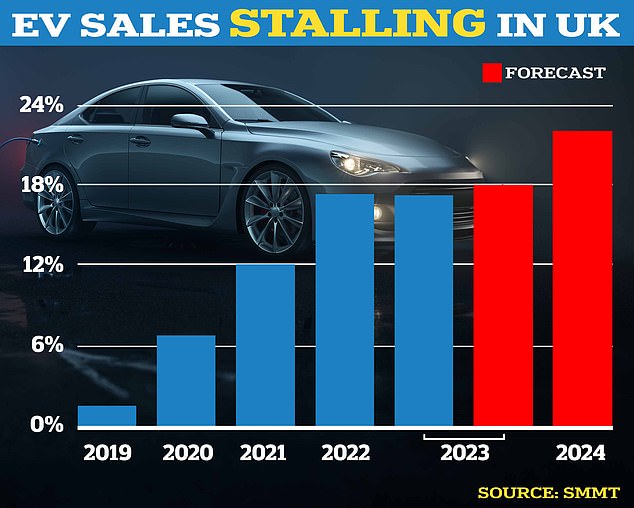 The share of EV sales fell from 16.6 percent in 2022 to 16.5 percent in 2023. It was forecast to reach 17.7 percent in 2023 (February data)