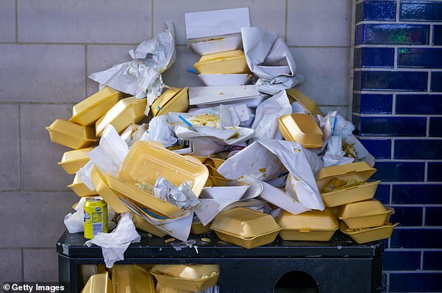 A pile of used polystyrene takeaway boxes in Cardiff.  This bizarrely light, brittle product has become ubiquitous as a packaging filler, as well as a material for making trays, flotation aids, coffee cups and coolers (stock image)