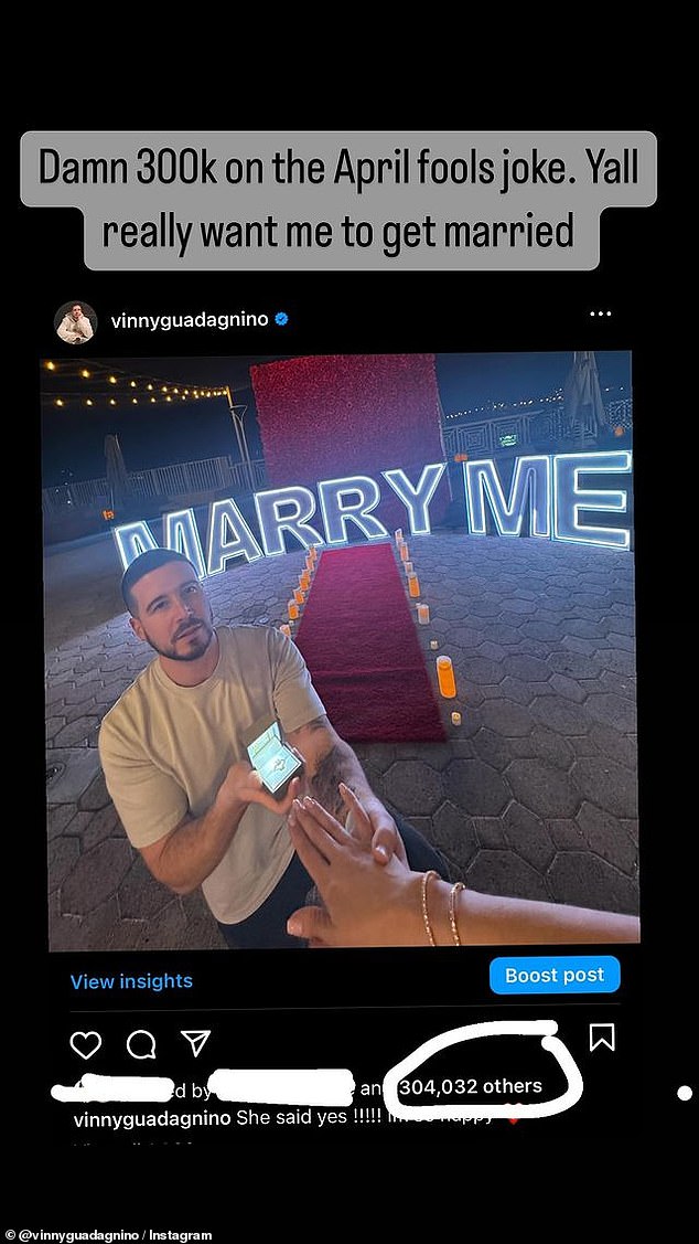 Jersey Shore alum Vinny Guadagnino tricked his Instagram followers with a proposal prank on April 1
