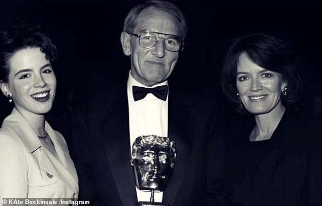 Beckinsale has been open on social media in recent months about her grief following the death of her stepfather Roy Battersby (center) in January;  pictured with mother Judy Loe