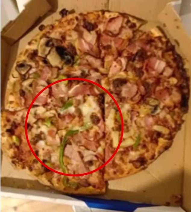 Mrs Pickles said she sent the pizza (pictured) back because she thought it looked like two pizzas had been combined into one pizza