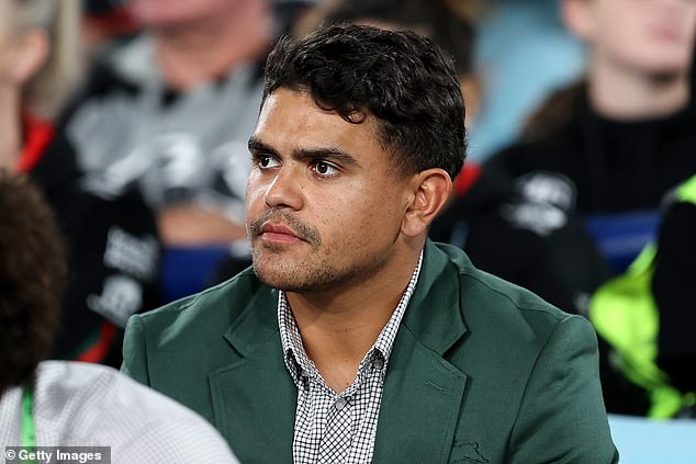 Latrell Mitchell of the Rabbitohs watches during the round six NRL match between South Sydney Rabbitohs and Cronulla Sharks at Accor Stadium