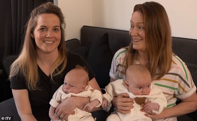 Speaking about Lorraine this morning, the couple said they decided to do it this way so they could feel a special bond with each other's children.  Pictured: Emily (right) and Kerry (left) holding their children