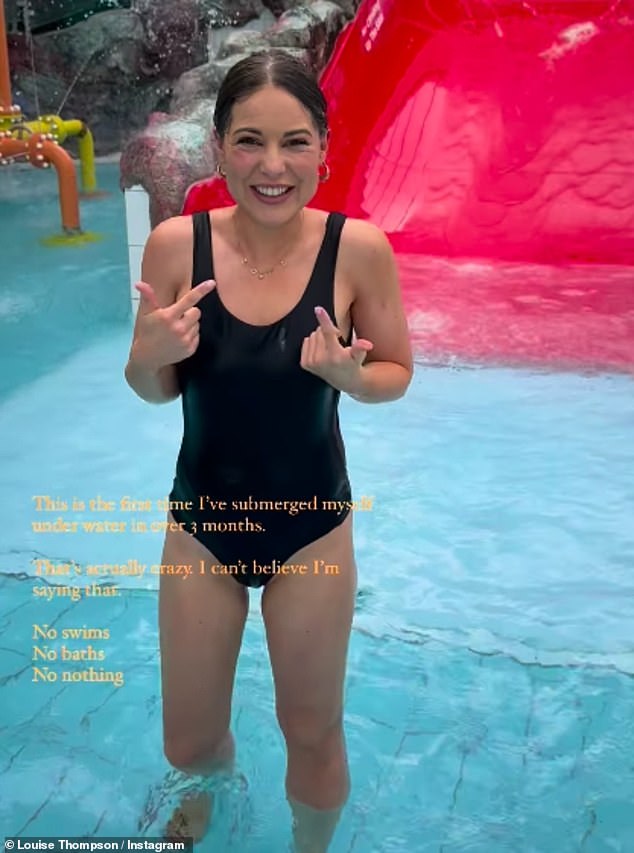 Louise Thompson wore a black swimsuit on Sunday as she shared the first time she immersed herself in water for three months