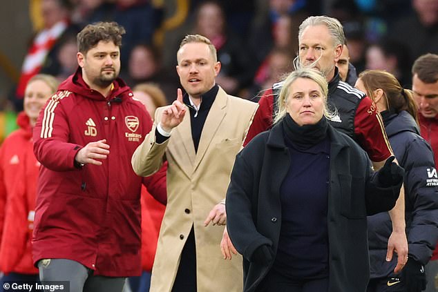 Hayes and Eidevall (centre) clashed last month before the Chelsea manager accused her counterpart of 'male aggression'