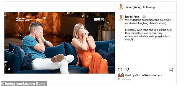 Married At First Sight's Lauren Dunn has shared one last surprising comment on social media about her groom Jono McCullough's new romance with Ellie Dix.  The bride, 32, posted a photo of the former couple at Monday night's explosive Reunion Grand Finale and said she had nothing but well wishes for the couple.