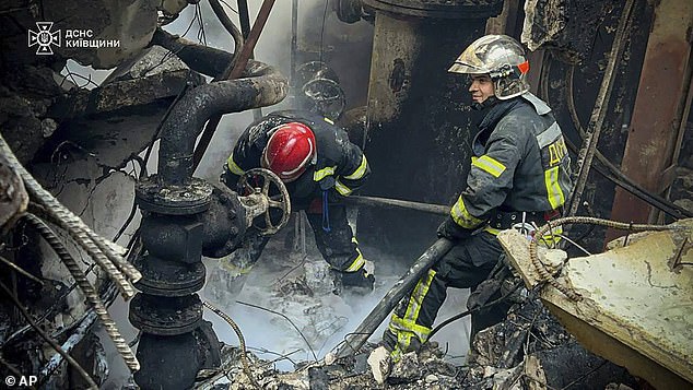 The Trypilska plant was the largest energy supplier for the Kiev, Cherkasy and Zhytomyr regions.  Emergency workers extinguish a fire after a Russian attack