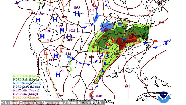 On Tuesday, the National Weather Service forecast heavy rainfall and thunderstorms in Indiana, Ohio and parts of Kentucky and West Virginia.