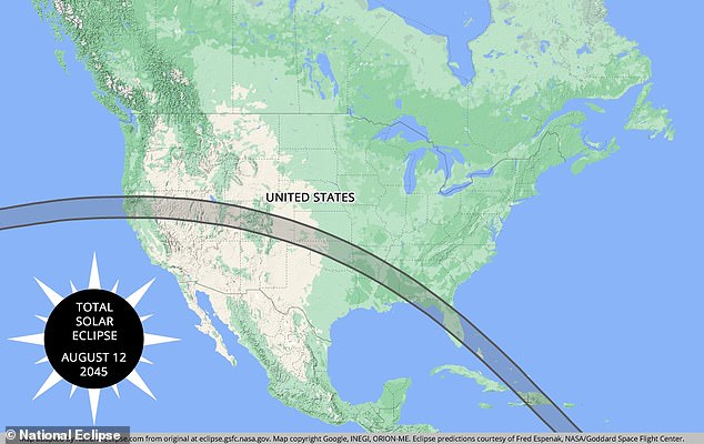 However, another one will sweep across Montana and North Dakota on August 23, 2044 - Americans won't see another solar eclipse like Monday's until 2045 (photo)