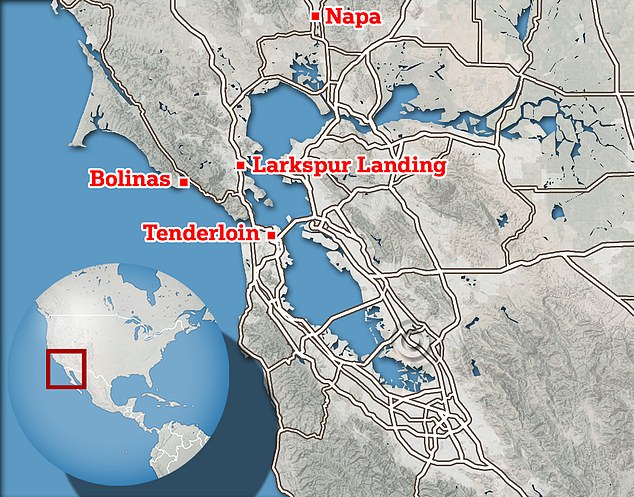 A map showing the various locations Butterfield has been seen recently in the Bay Area