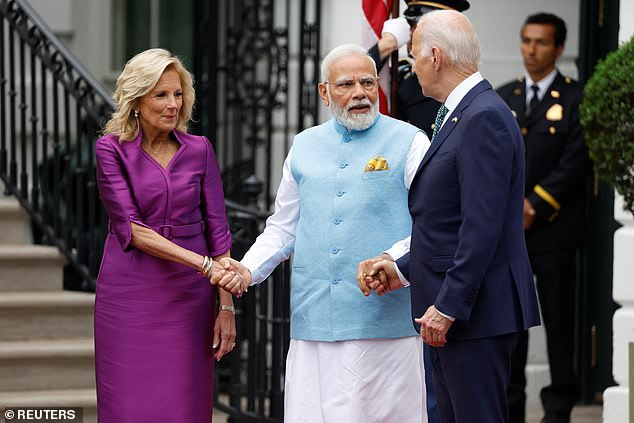 Indian Prime Minister Narendra Modi arrived at the White House last year when he was greeted by first lady Jill Biden and President Joe Biden on June 22.