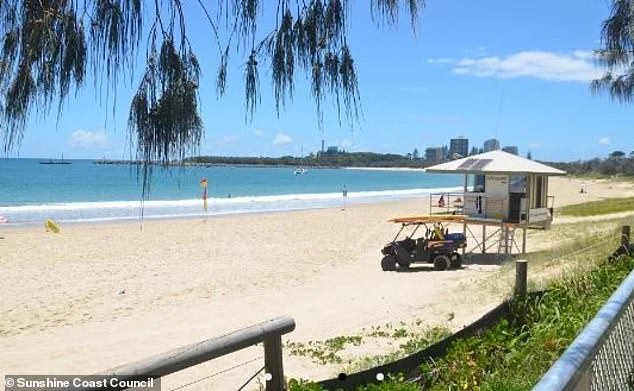 A man is fighting for his life after being pulled from the water unconscious and unable to breathe at Mooloolaba Spit beach (pictured) on the Sunshine Coast on Thursday