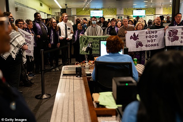 About 50 organized demonstrators were arrested after the closure of a Senate cafeteria in protest of US policy toward Israel