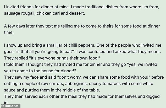 Speaking to the British parenting forum, the shocked woman, who appeared to be from Mauritius, claimed her partner said she only invited her to her house for dinner but she didn't make it.