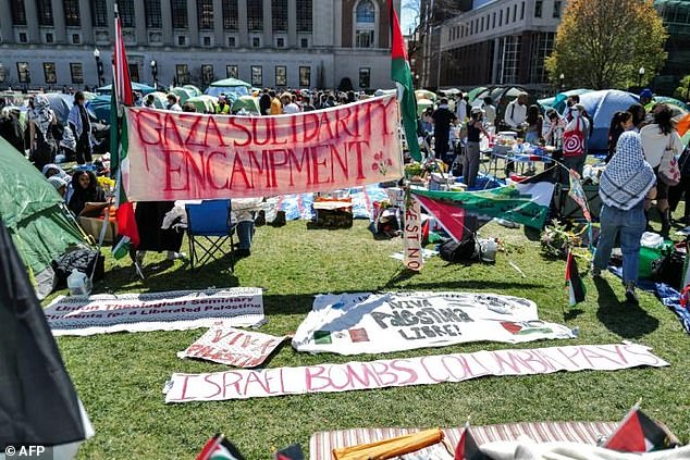 A large group of protesters have set up a 'Gaza Solidarity Encampment' on a central lawn at Columbia University