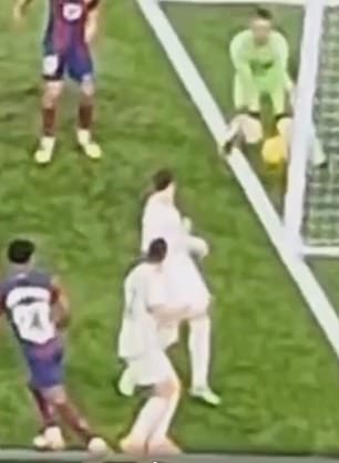 However, a new angle on the incident emerged where Yamal's attempt (below left) appeared to have gone over the line, with Real keeper Lunin clearing the ball from behind the line.