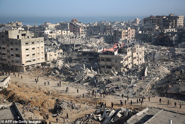 A general view shows the devastation in the area around Al-Shifa Hospital in Gaza after the Israeli army withdrew from the complex housing the hospital on April 1, 2024.