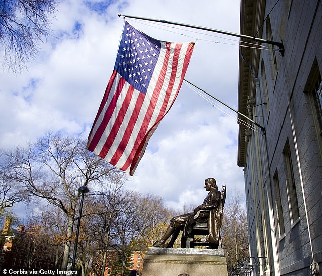 John Harvard's statue typically stands under an American flag (formerly).  On Saturday evening, a group of pro-Palestinian demonstrators dressed in keffiyehs raised a large Palestinian flag over the founder's memorial (after)