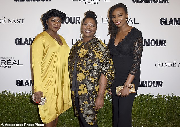 BLM founders (from left) Alicia Garza, Patrisse Cullors and Opal Tometi are pictured on the red carpet at the Glamor Women of the Year Awards in Hollywood in 2016