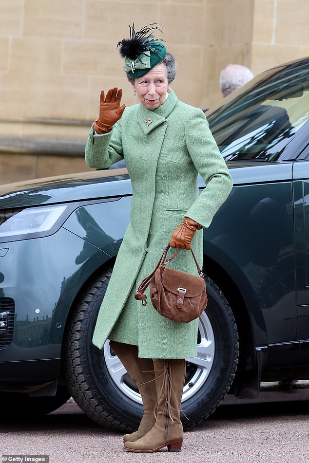 Princess Anne waved to the crowd of royal fans outside St George's Chapel in Windsor yesterday