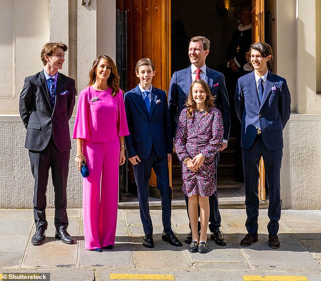 Princess Marie of Denmark says she and Prince Joachim were 'not happy' with the way their children were stripped of princely titles.  In the photo: Prince Joachim, his wife Princess Marie and his children Count Nikolai, Count Felix, Countess Athena and Count Henrik in 2023