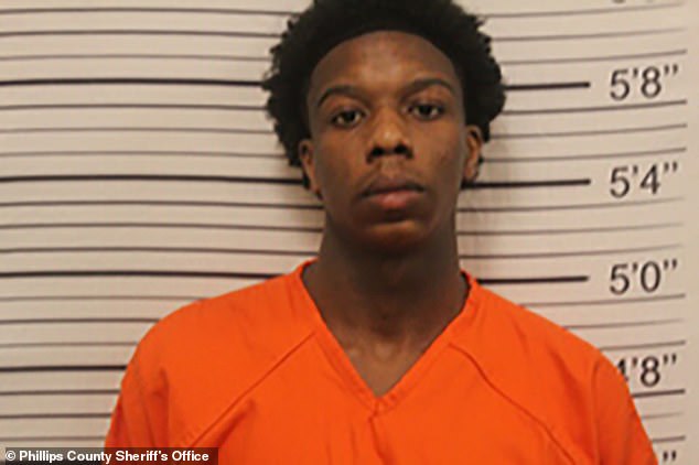 Donterious Stephens (pictured), 19, allegedly killed 18-year-old Lorenzo Harrison during a prom afterparty at Helena-West Helena's Central High School.  Stephens has been charged with first-degree murder and possession of a firearm