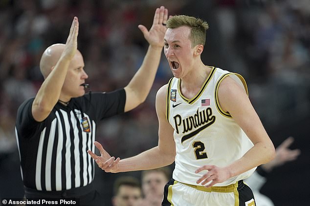 Purdue guard Fletcher Loyer (2) celebrates after scoring against North Carolina State