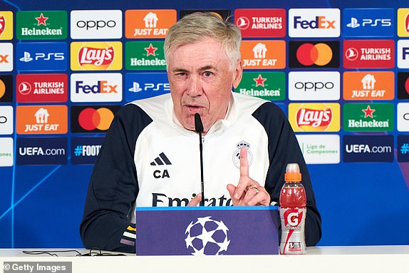 MADRID, SPAIN – APRIL 08: Real Madrid head coach Carlo Ancelotti speaks to the media during a post-training press conference ahead of the UEFA Champions League match between Real Madrid and Manchester City, at Valdebebas Training Ground on April 8, 2024 in Madrid, Spain .  (Photo by Angel Martinez/Getty Images)